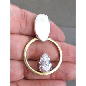 MODERNIST Sparkly CZ STERLING Silver Brass 2Tone PENDANT 2" Taxco Mexico Vintage